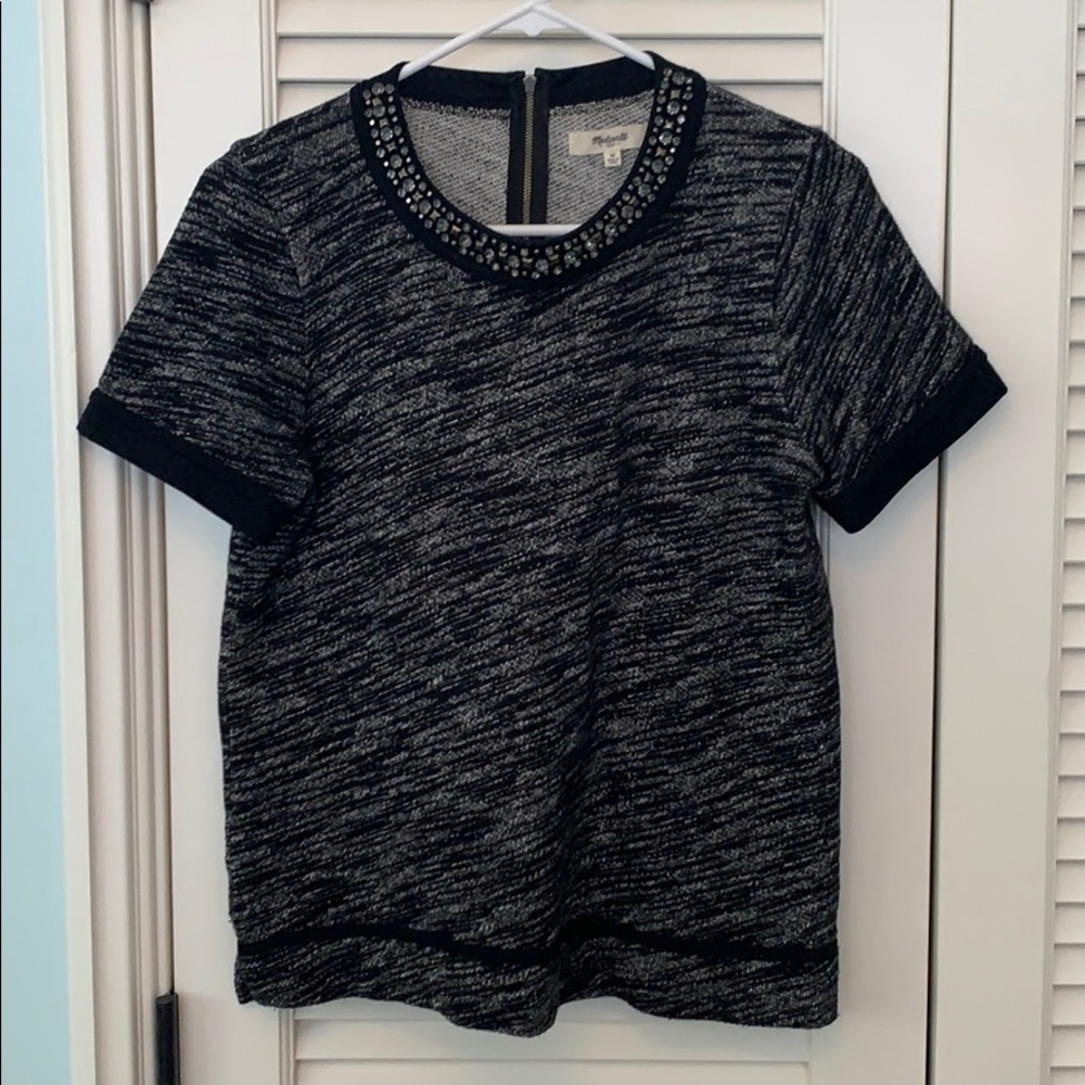 Black t-shirt top with beading collar detail